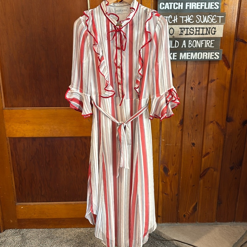 Mikael Aghal Belted Ruffle-Trimmed Striped Georgette Midi Dress  small flaw